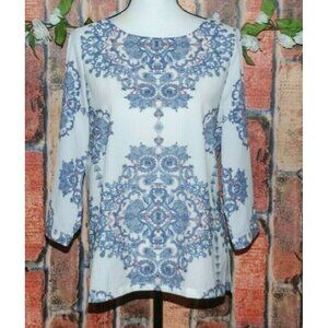 Kenar Ladies White & Blue Printed Blouse Top Size M Lightweight Career Church